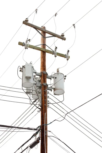 Utility pole with power cables and transformers