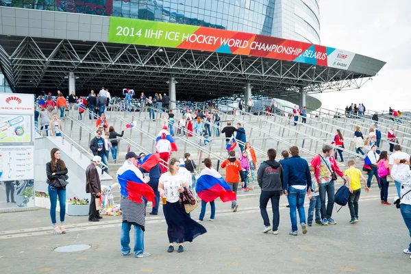 MINSK, BELARUS - MAY 9 - Russian Fans in Front of Minsk Arena on May 9, 2014 in Belarus. Ice Hockey Championship Opening.