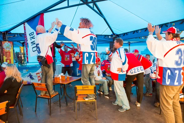 MINSK, BELARUS - MAY 11 - Czech Fans in Cafe at Chizhovka Arena on May 11, 2014 in Belarus. Ice Hockey Championship.