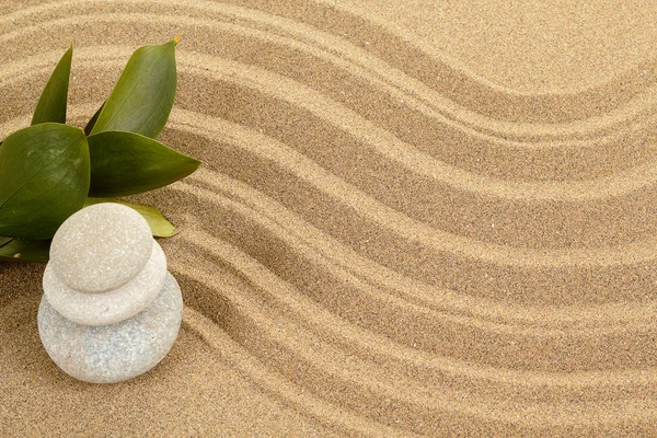 Balance zen stones in sand and green leaves