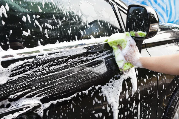 Hands hold sponge for washing car