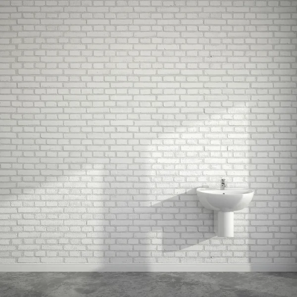 WC room with wash basin at empty wall of bricks