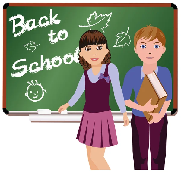 Back to School. Little cute schoolboy and schoolgirl, vector illustration