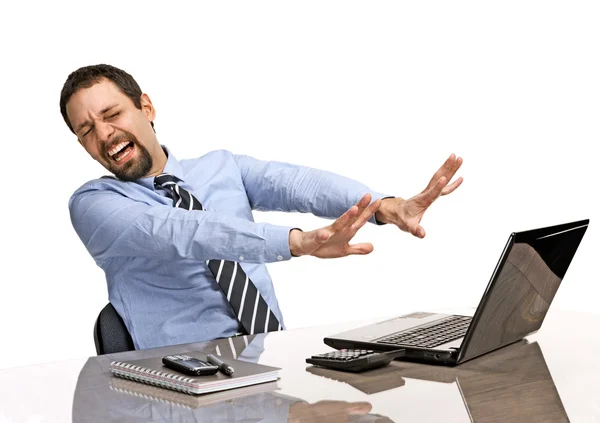 Shocked businessman with eyes closed is against uncensored Internet content