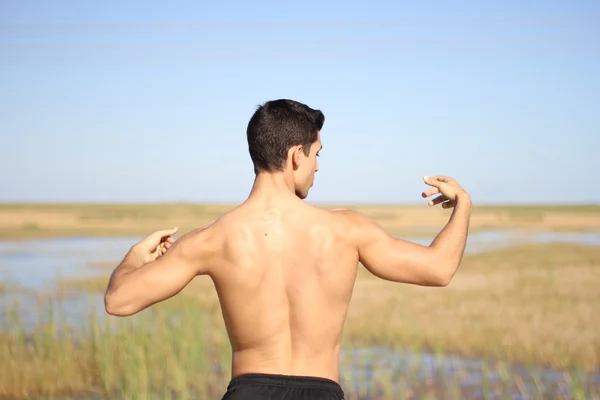 Male bodybuilder model back view.