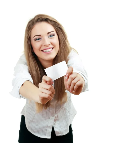 Woman holds out a business card