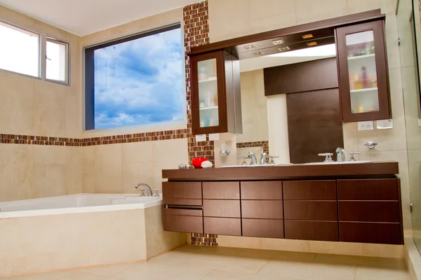 Interior of bathroom in modern house, hot tub