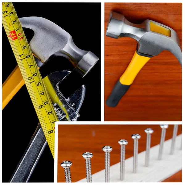 Carpentry, construction hardware tools collage.