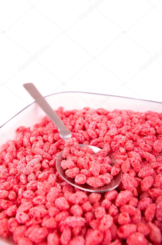 Breakfast pink cereal strawberry rice background — Stock Photo