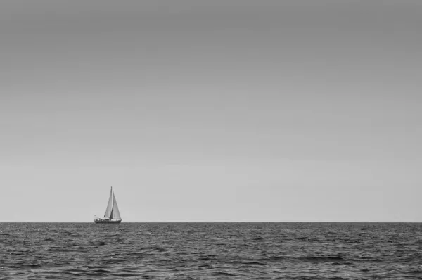 Sailboat at ocean horizon black and white