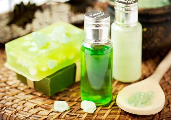 Set for a spa: handmade soaps, aromatic oils and sea salt