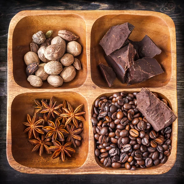 Coffee, chocolate and spices in a wooden box