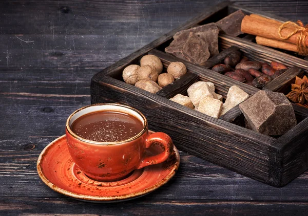 Hot chocolate, chocolate, cocoa beans  and spices