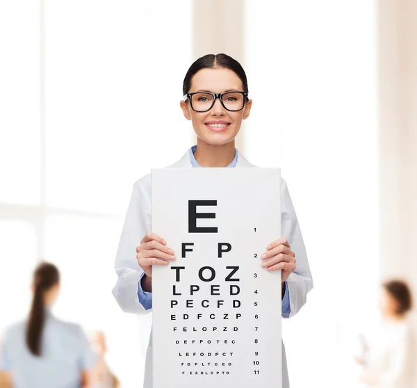 Female doctor in eyeglasses with eye chart