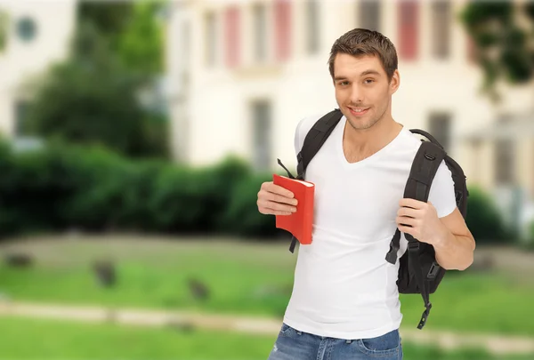 Travelling student with backpack and book