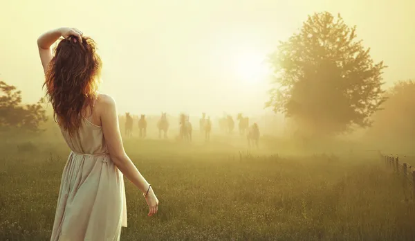 Young brunette lady watching herd of horses