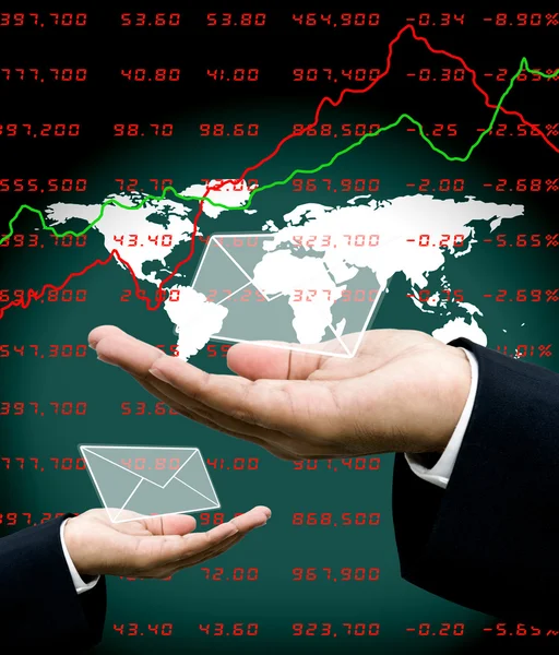 News from stock market to investor hand with world map background