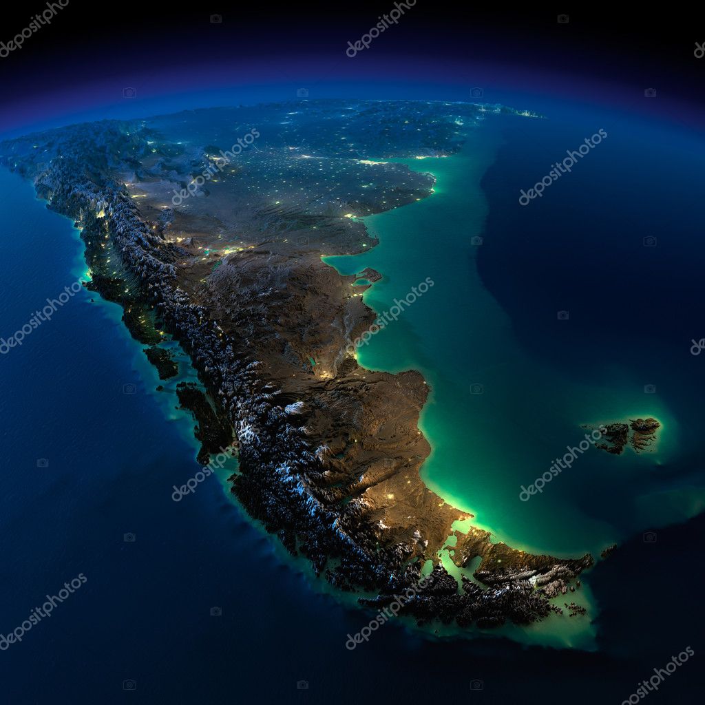 Night Earth. A piece of South America - Argentina and Chile - Stock 
