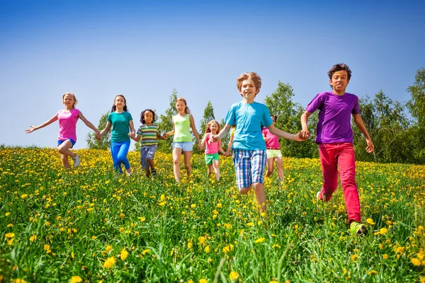 Running children holding hands in green meadow