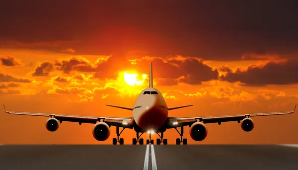 Airplane takeoff on runway at sunset