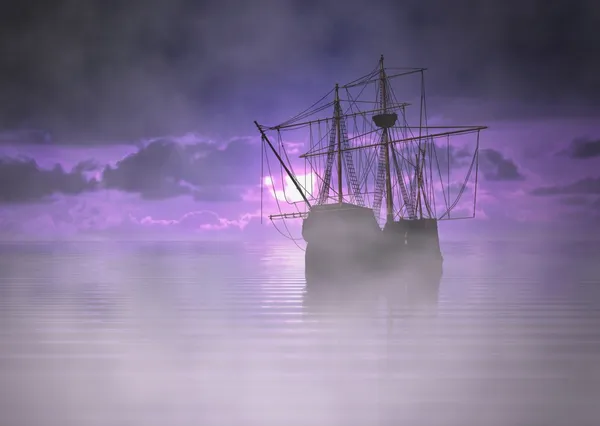 Pirate Ship at Sunrise with Fog — Stock Photo #31507753