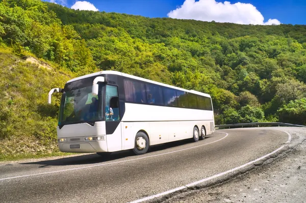 Tourist bus traveling on road among mountains