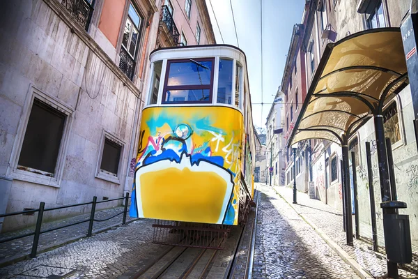 Typical yellow tram of Lisbon, Portugal in old historical city,