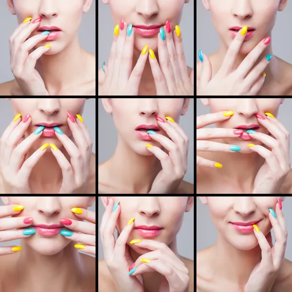 Collage , woman face with rainbow makeup and manicure