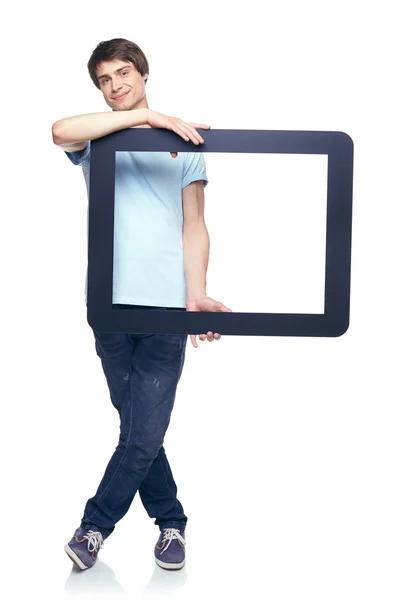 Full length man holding tablet frame