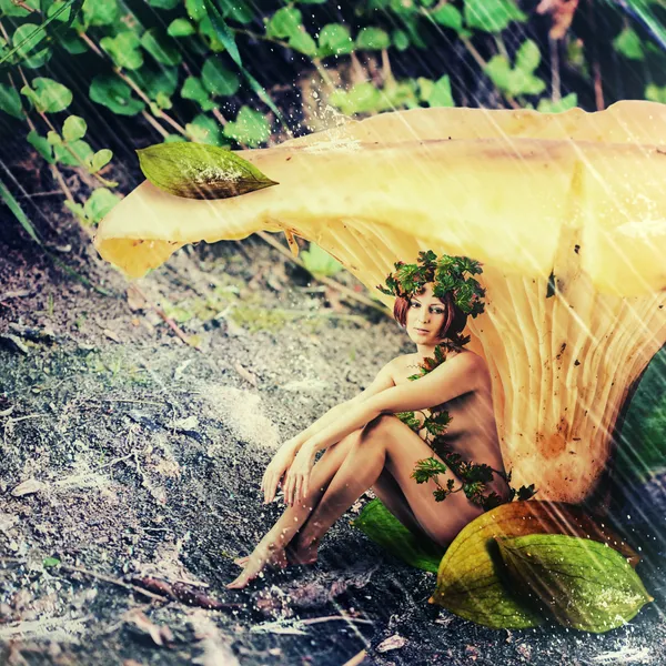 Rain in fantasy land. woman Forest nymph