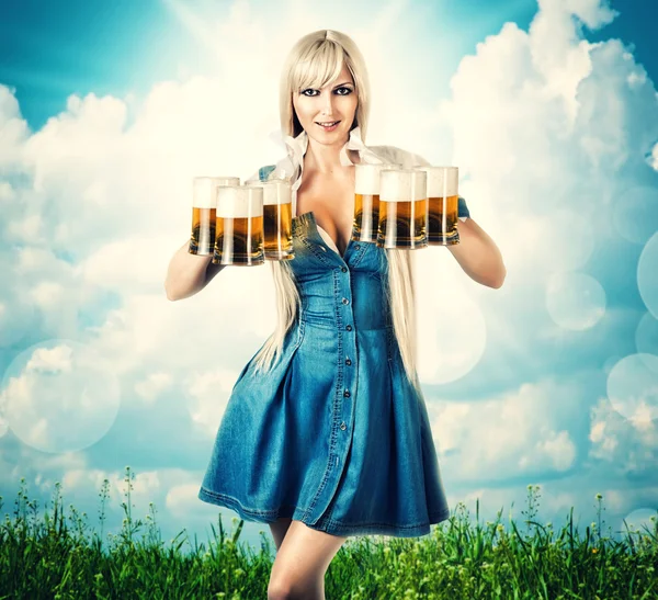 Oktoberfest woman with six beer mugs