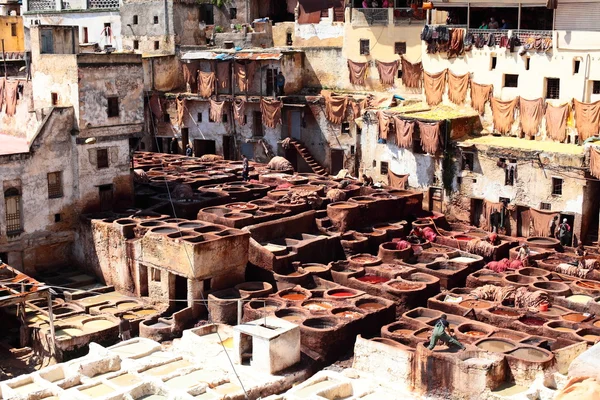 Tanneries of Fes, Morocco, AfricaOld tanks of the Fez's tanneries with color paint for leather, Morocco, Africa