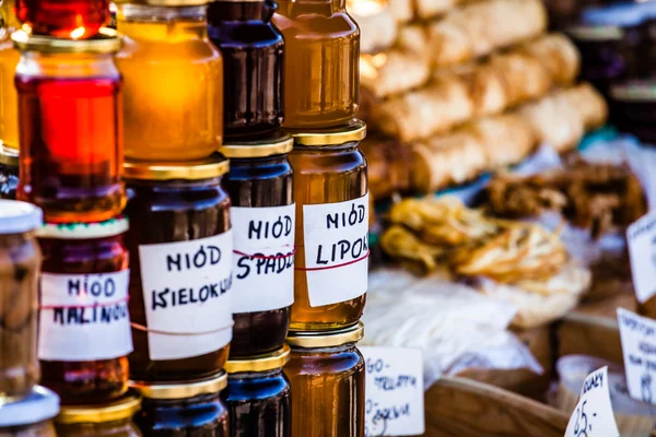 Homemade honey on the street market in Zakopane mountains, Poland.
