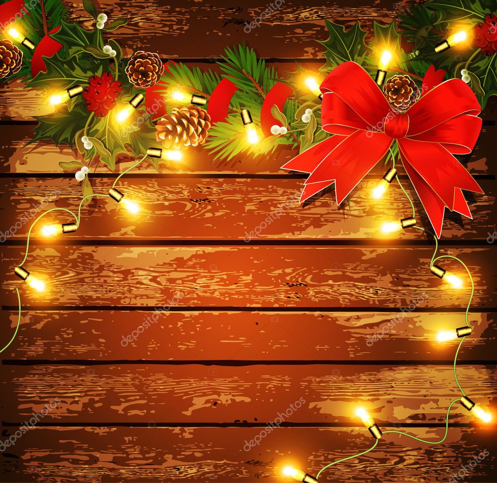 Vector Christmas background with garland on a wooden wall — Stock