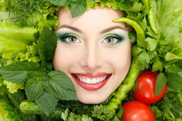 Greens vegetables frame woman beauty face