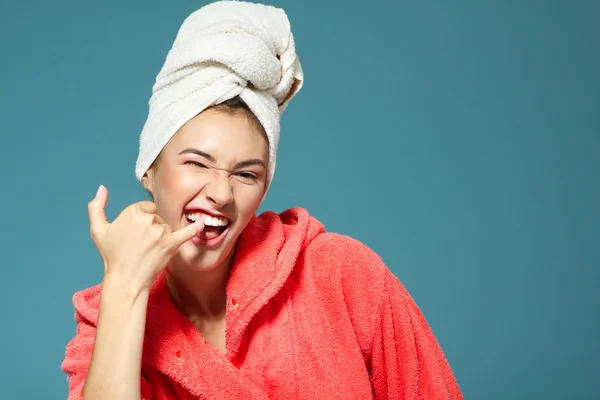 Funny teen girl clean her teeth