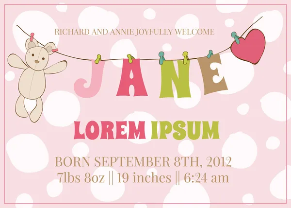 Baby Girl Arrival Card with place for your text and baby name -