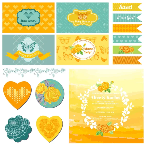 Baby Shower or Party Set - Vintage Butterfly Theme - in vector