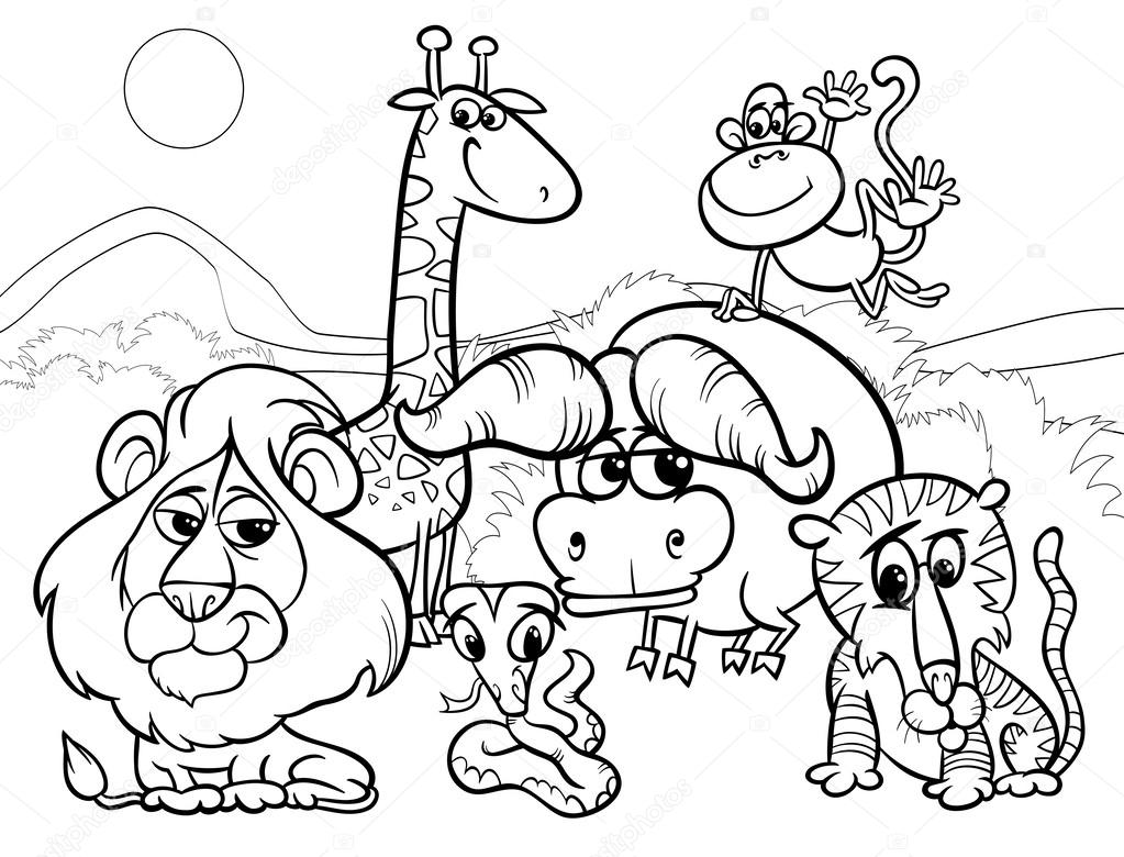 Wild animals cartoon coloring page Stock Vector