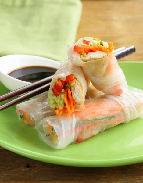 Spring rolls with vegetables and chicken on a plate