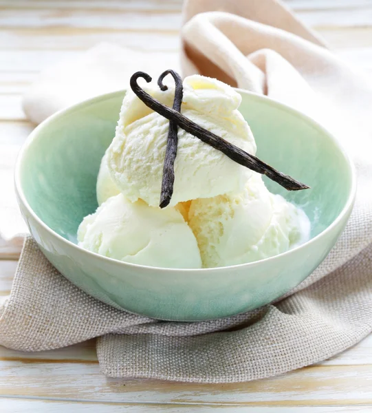 Homemade creamy vanilla ice cream with natural vanilla sticks