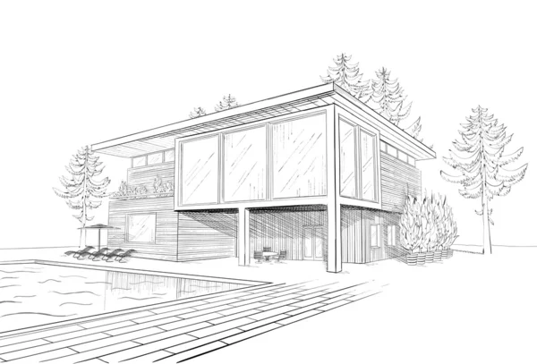 Vector sketch of modern house with swimming pool