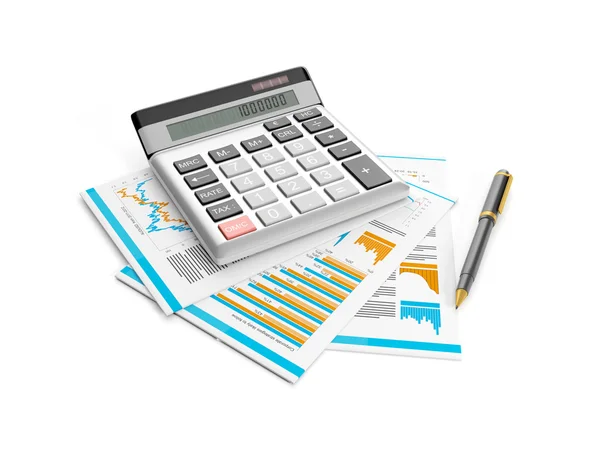 3d illustration: calculator, pen and papers. Accounting analysis — Stock Photo #12022707