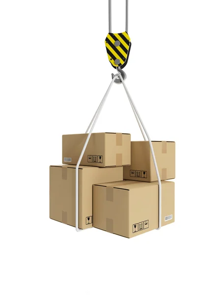 3d illustration: Cargo transportation, crane hook, and cardboard