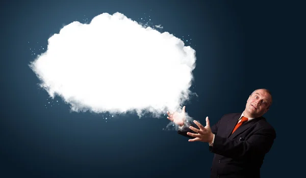 Crazy businessman presenting abstract cloud copy space