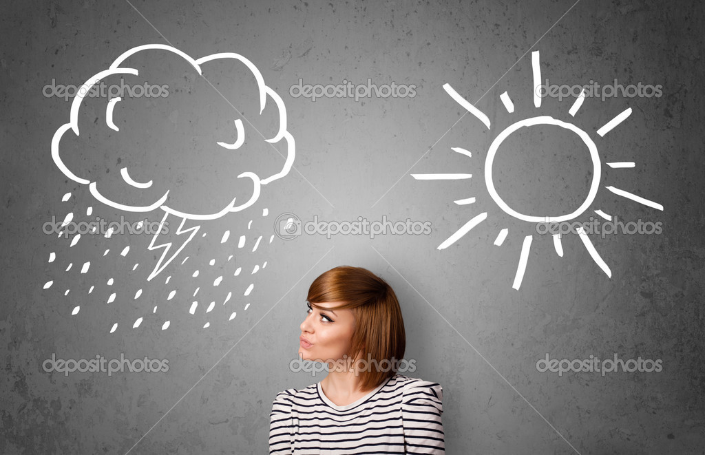 Mulher em pé entre um sol e uma chuva de desenho — fotografias de ... Désign sol Desenho