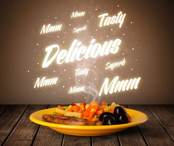 Food plate with delicious and tasty glowing writings