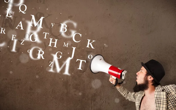 Man in shirt shouting into megaphone and text come out