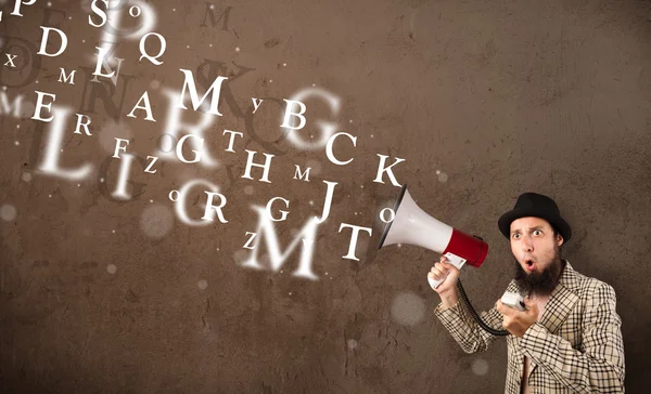 Man in shirt shouting into megaphone and text come out