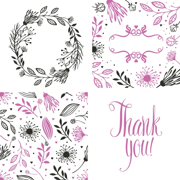 Round frame of flowers, pattern and thank you card